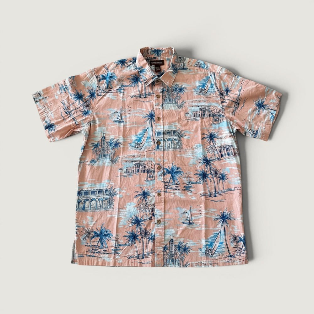 Cooke Street Hawaiian Islands Mens XL Salmon Pink Palm Tree Sailboat Aloha Shirt